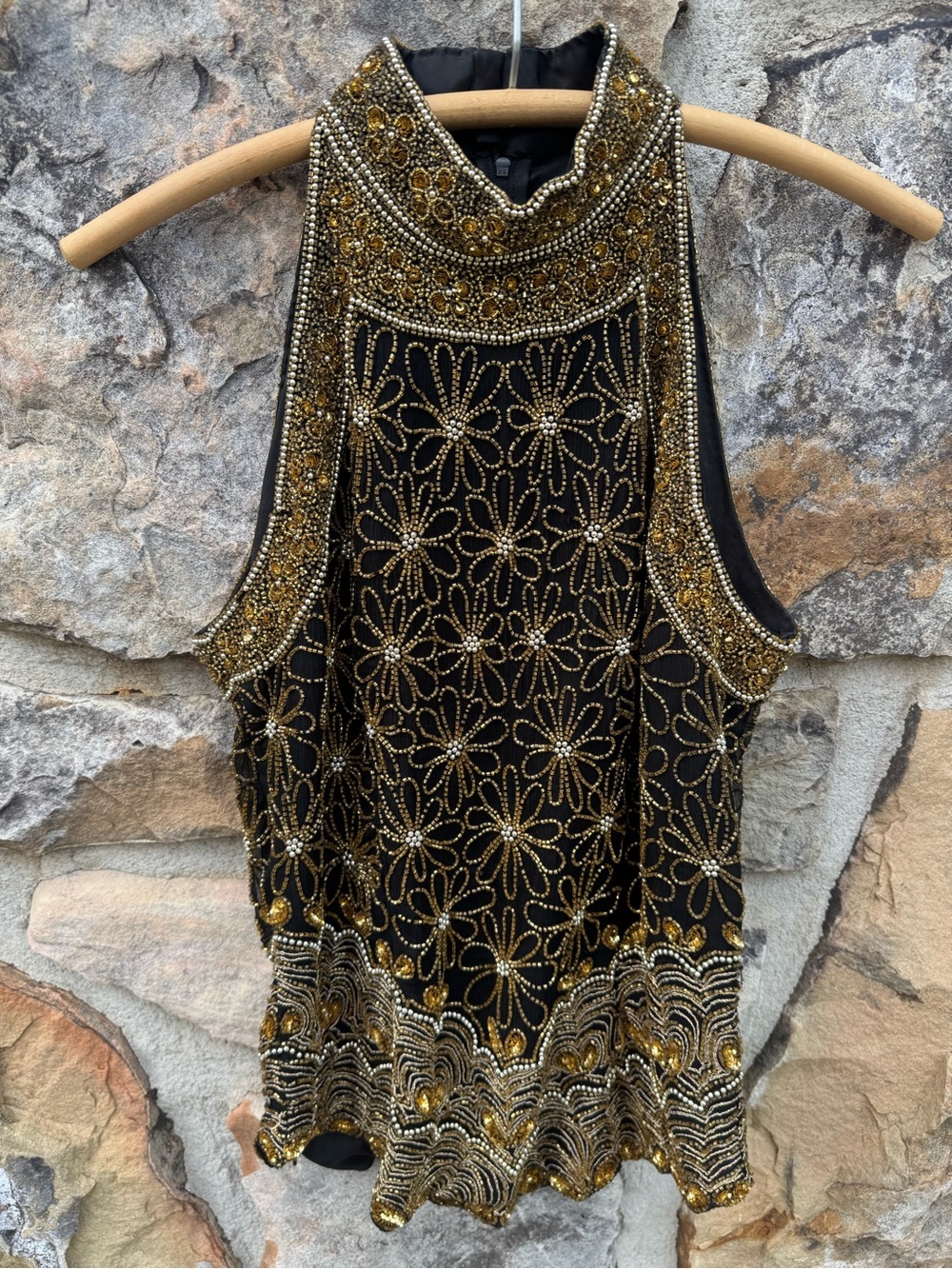 Vintage Laurence Kazar 100% Silk Hand Beaded Black and Gold Halter Sz S Art Deco